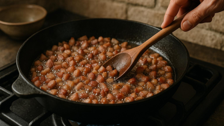 smazeni slaniny pro jemne skvarky pomalu vyskvarujte na nizkem ohni Smažení slaniny pro jemné škvarky. Pomalu vyškvařujte na nízkém ohni