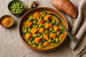 Vegetariánské kari s kurkumou, sójovými boby a batáty”. Udělejte si doma tuto dobrotu