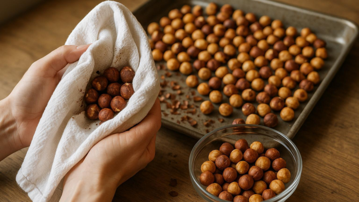 Odstranění slupek z lískových oříšků pražením a třením utěrkou. Jednoduchý návod bez chemie