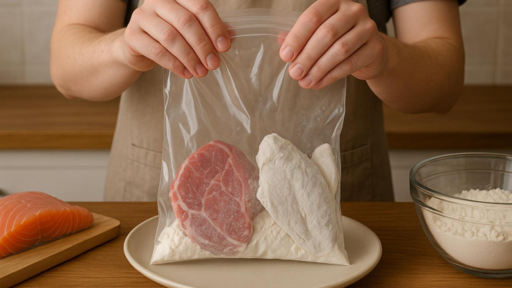 Obalování masa a ryb v mouce. Jednoduché obalení pomocí sáčku bez nepořádku