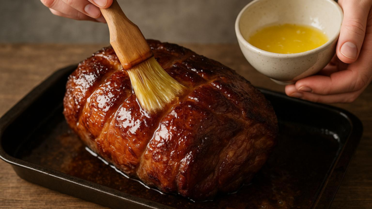 Jak dosáhnout lesklého povrchu pečeného masa. Potřete ho glazurou nebo rozpuštěným máslem