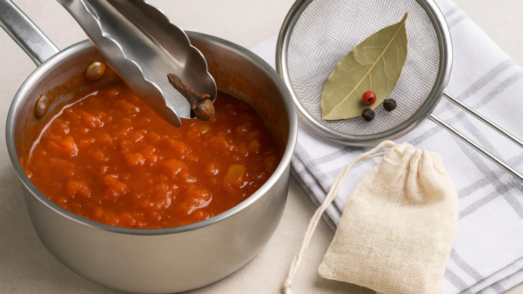 Rychlé odstranění hřebíčku, bobkového listu a pepře z omáčky. Použijte kleště, sítko nebo kořenící sáček
