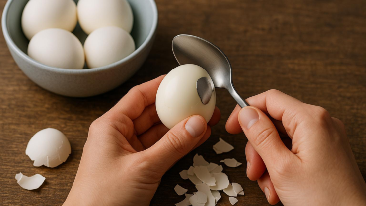 Tip pro rychlé oloupání. S lžící to zvládnete raz dva.

Snadno odstraníte skořápku z vařeného vejce pomocí lžíce