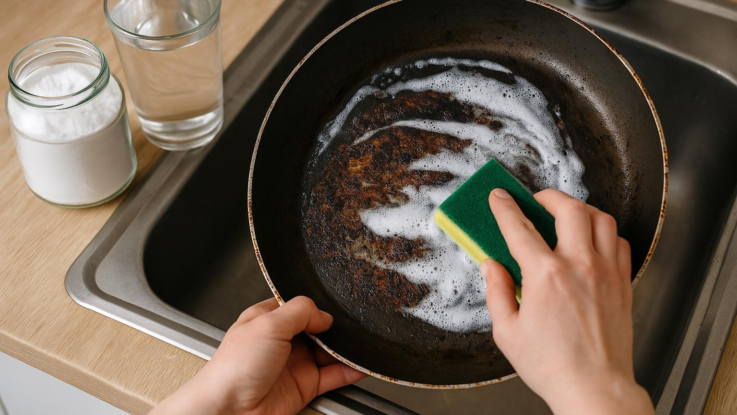 Jak odstranit připálený tuk z pánve. Pomůže směs, kterou máte doma