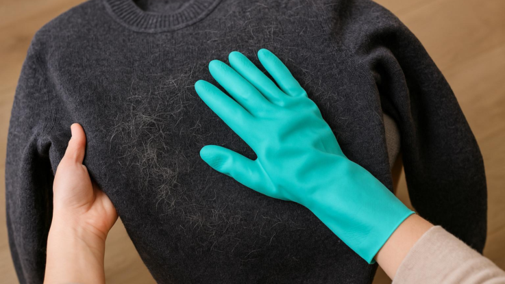 Jak odstranit chlupy z oblečení bez válečku. Trik s gumovou rukavicí funguje okamžitě